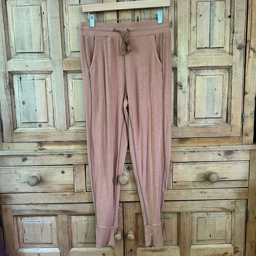 Senita Athletics Small Tan‎ Ribbed Pants Elastic Waist Pockets Skinny Leg Jogger
